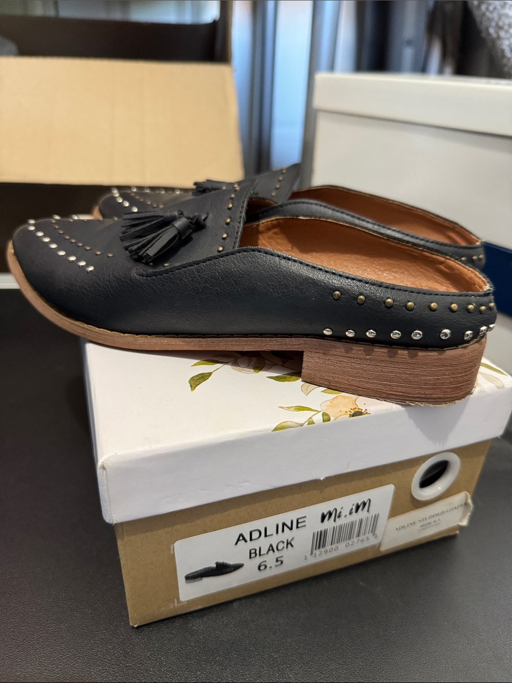 Adline Black Studded Tassel Leather Backless Mules
